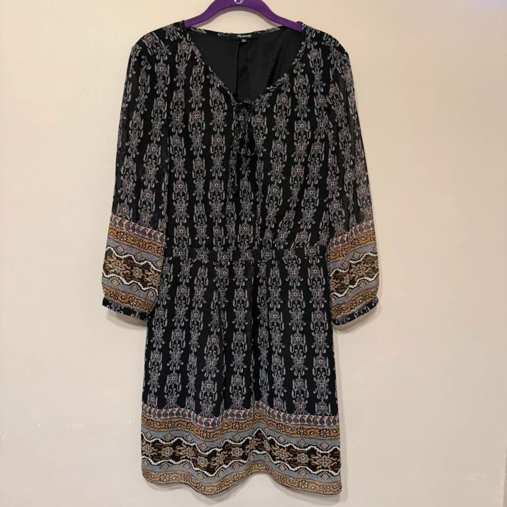 Madewell Boho Geo Floral Print Lace-Up Mini Dress Size 10 Black Long Sleeve